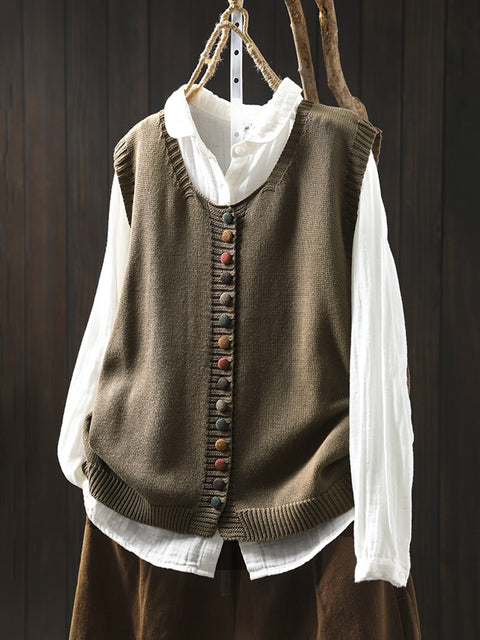 Women Casual Autumn Wool O-Neck Colorful Button Knit Vest