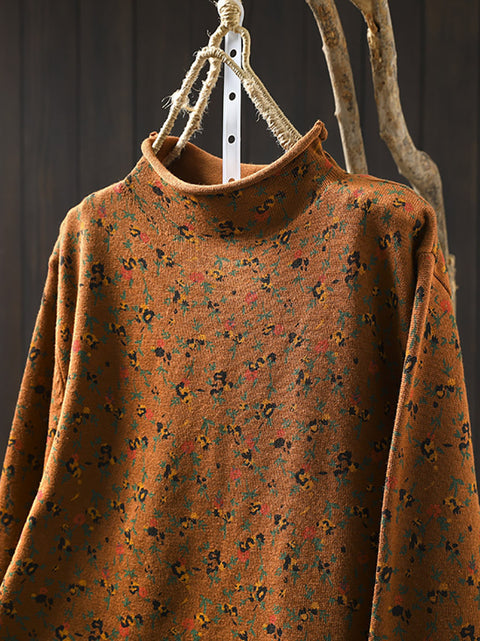 Women Autumn Artsy Floral Half-Turtleneck Knit Sweater