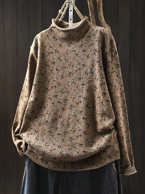 Women Autumn Artsy Floral Half-Turtleneck Knit Sweater