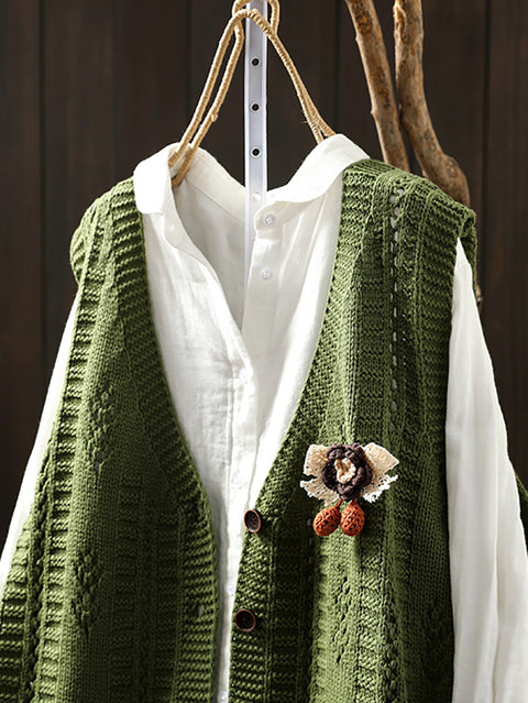 Women Casual Autumn Cotton V-Neck Cable Knit Vest