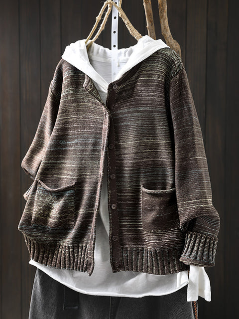 Women Autumn Artsy Stripe Knit O-Neck Sweater