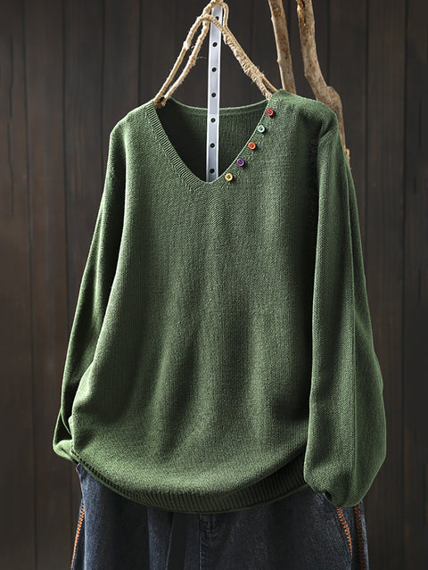 Women Autumn Casual Pure Color V-Neck Sweater