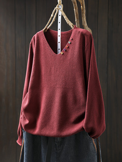 Women Autumn Casual Pure Color V-Neck Sweater