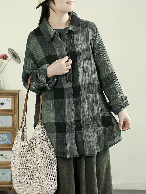 Women Autumn Cotton 100%Linen Plaid Shirt