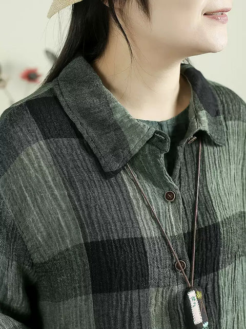 Women Autumn Cotton 100%Linen Plaid Shirt