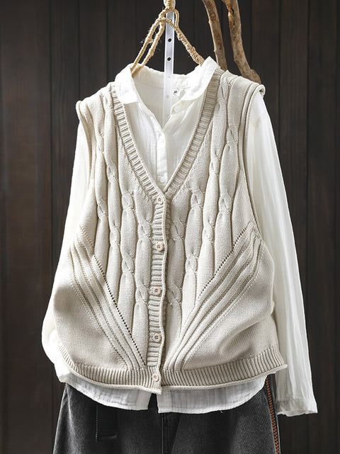 Women Spring Pure Color Knit V-Neck Vest