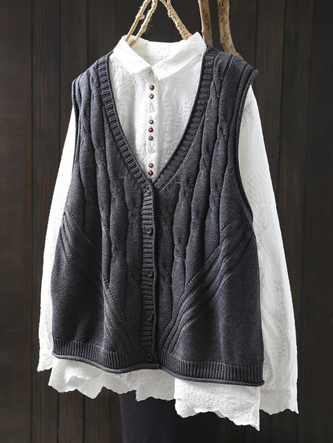 Women Spring Pure Color Knit V-Neck Vest