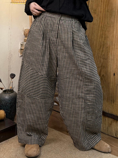 Women Spring Vintage Plaid Linen Straight Pants