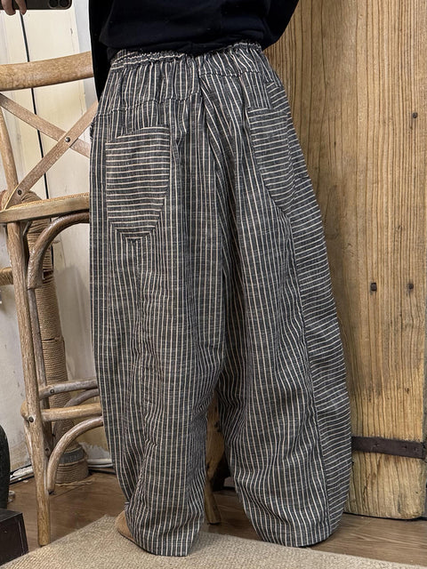 Women Spring Vintage Plaid Linen Straight Pants