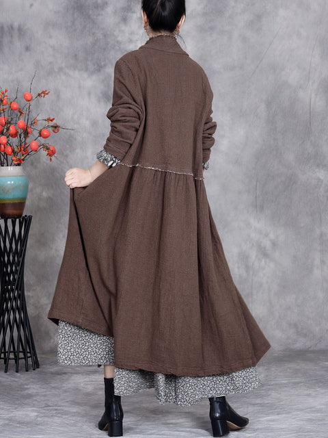 Women Autumn Ethnic Solid Linen Raw-edge Long Coat