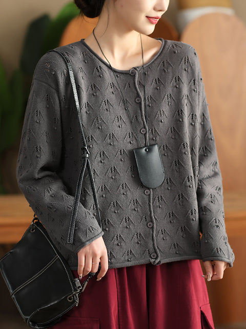 Women Autumn Perforated Knit O-Neck Cotton Sweater