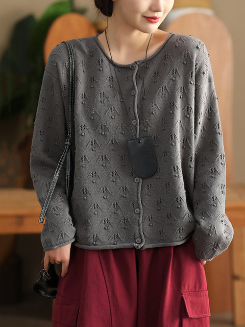 Women Autumn Perforated Knit O-Neck Cotton Sweater