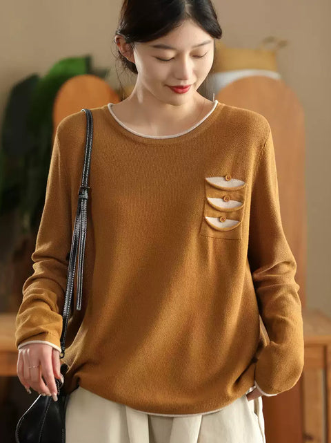 Women Autumn Warm Colorblock O-Neck Sweatshirt