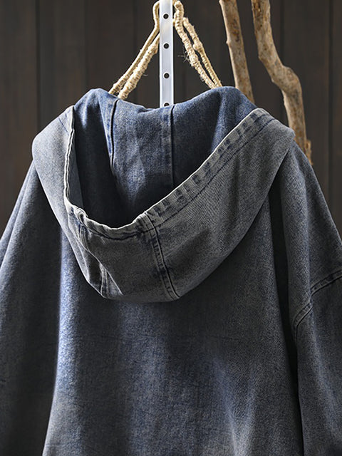 Women Vintage Spring Denim Hooded Coat