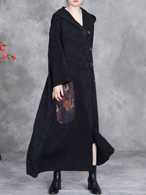 Women Autumn Retro Linen Jacquard Hooded Coat