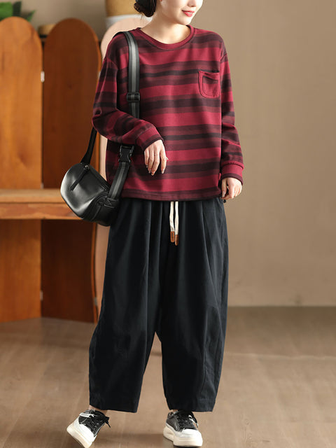 Women Spring Vintage Stripe Cotton Sweatshirt