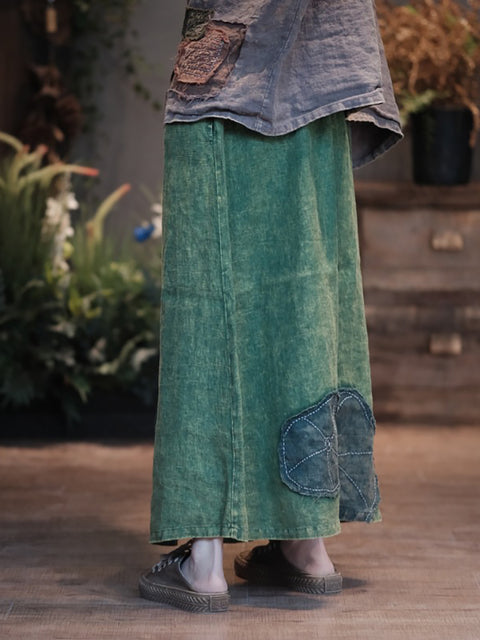 Women Spring Patch Spliced Linen Skirt