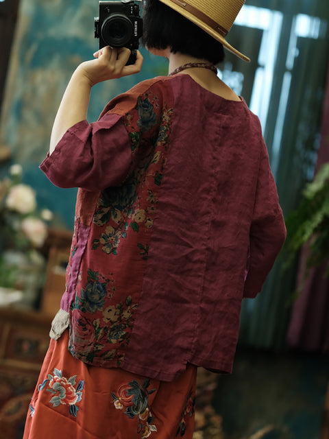 Women Spring Vintage V-Neck Flower Spliced Shirt