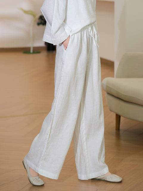 Women Spring Pure Color 100%Linen Wide-leg Pants