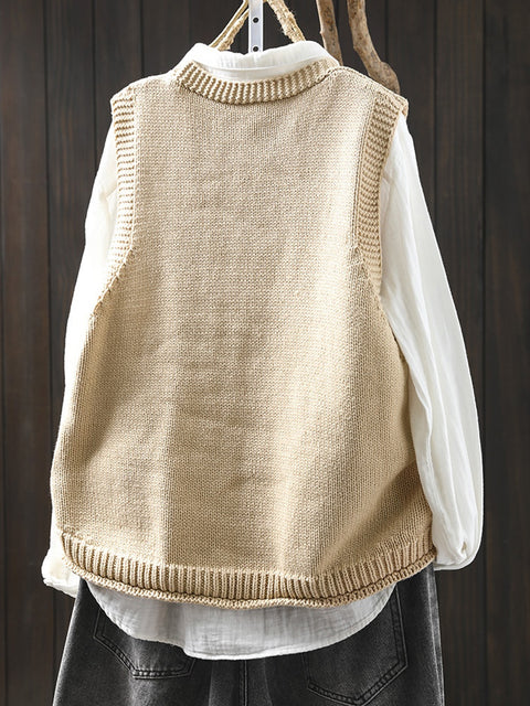 Women Spring Ethnic V-Neck Flower Patch Knit Vest