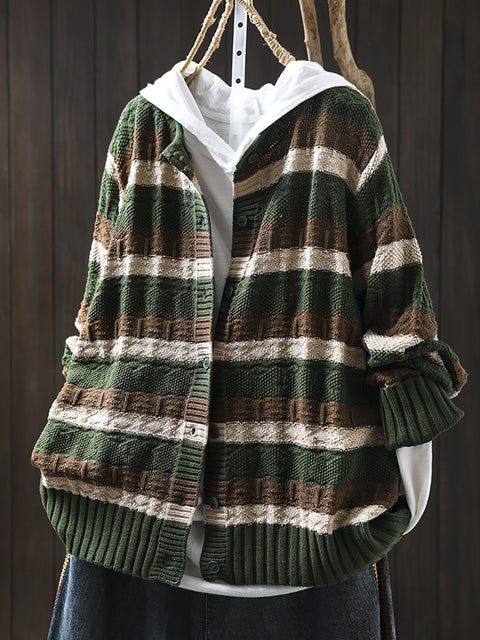 Women Autumn Colorblock Stripe O-Neck Cotton Sweater