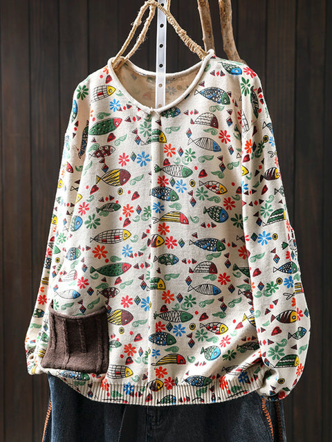 Women Vintage Autumn Fish O-Neck Knit Sweater