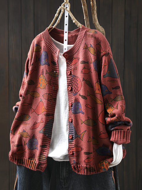 Women Autumn Fish O-Neck Cotton Cardigan Sweater