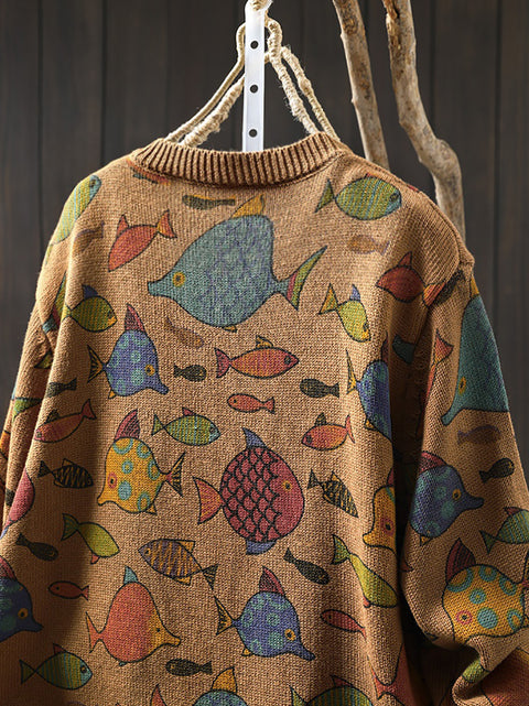 Women Autumn Fish O-Neck Cotton Cardigan Sweater