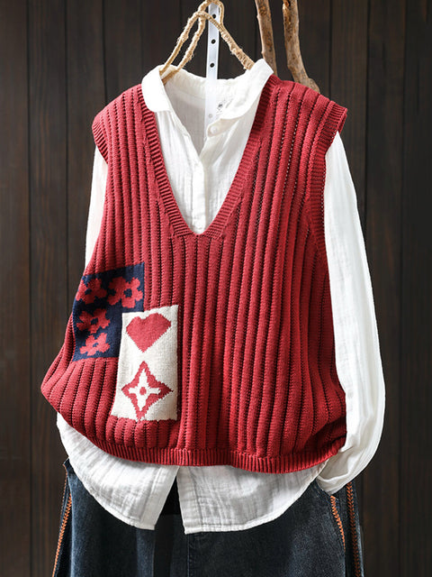 Women Spring Casual Flower Colorblock V-Neck Vest