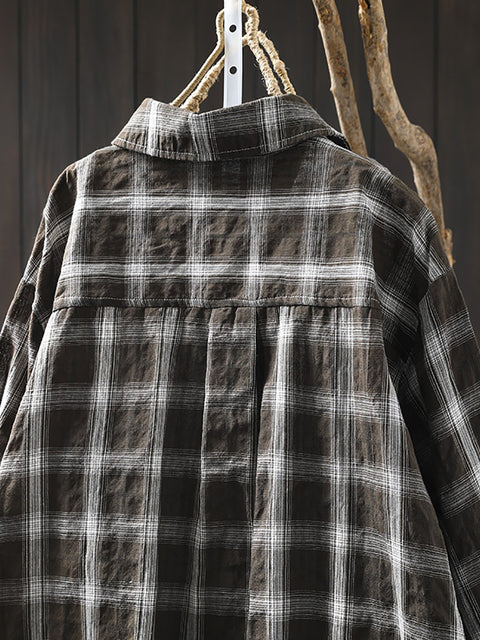 Women Spring 100%Cotton Plaid Turn-down Collar Shirt