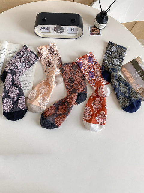 5 Pairs Women Artsy Floral Jacquard Cotton Socks