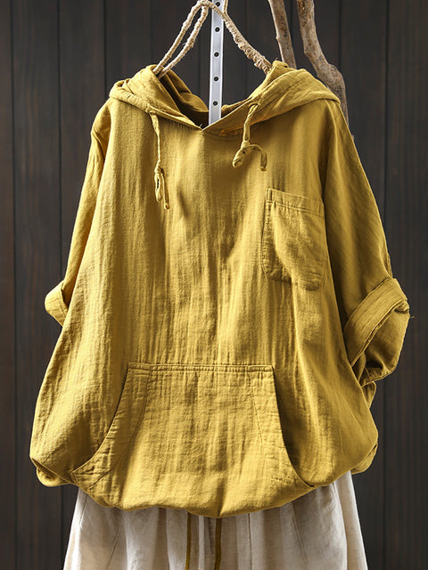 Women Spring 100%Cotton Pure Color Hooded Shirt