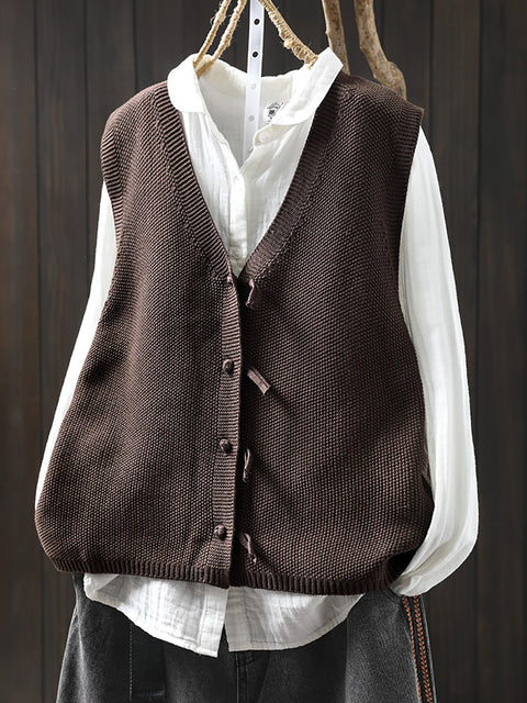 Women Spring Pure Color Knit V-Neck Cardigan Vest