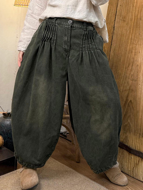 Women Spring Casual Denim Shirred Harem Pants