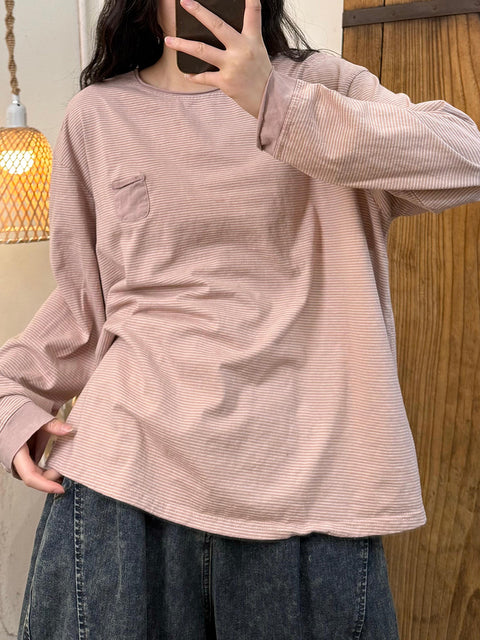 Women Spring Casual Cotton Stripe O-Neck Shirt