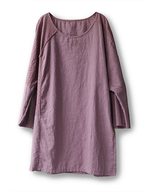 Women Spring Pure Color O-Neck Linen Shirt