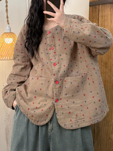 Women Spring Cotton Colorful Dot O-Neck Shirt