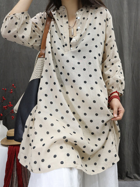 Women Spring O-Neck Dot 100%Ramie Shirt Dress