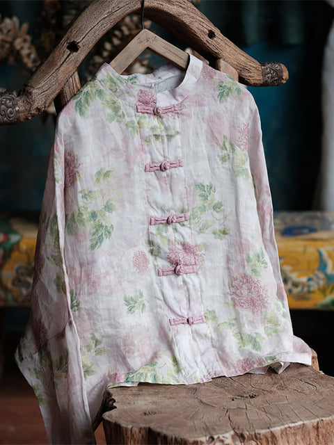 Women Ethnic Spring Flower Stand Collar Linen Shirt