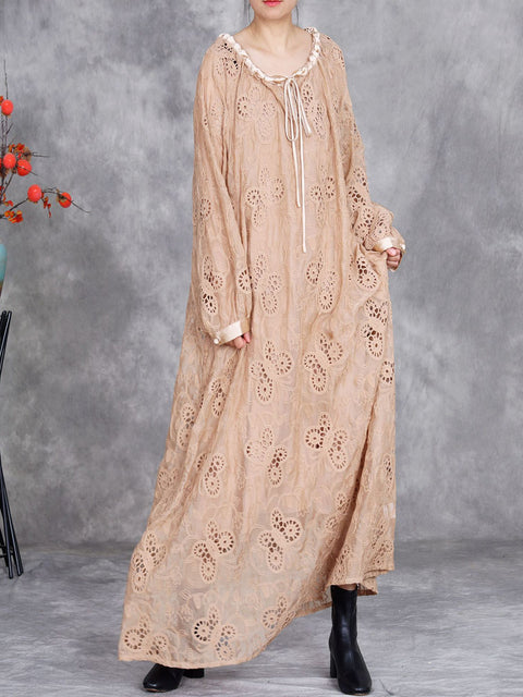 Women Spring Artsy Lace Flower O-Neck Loose Dress