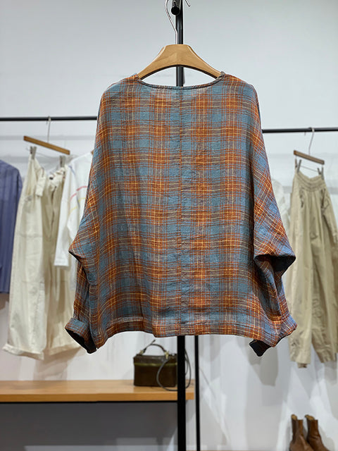 Women Spring Plaid O-Neck Linen Shirt