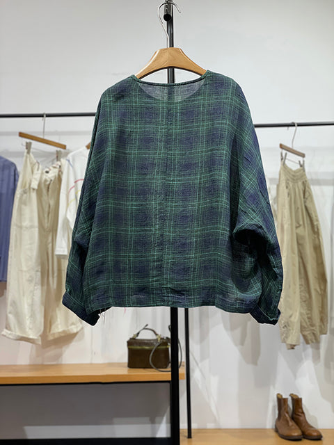 Women Spring Plaid O-Neck Linen Shirt