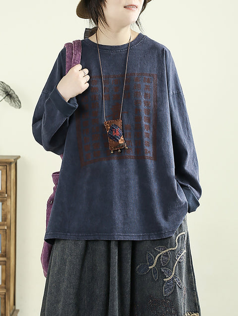 Women Spring Vintage Print O-Neck Shirt