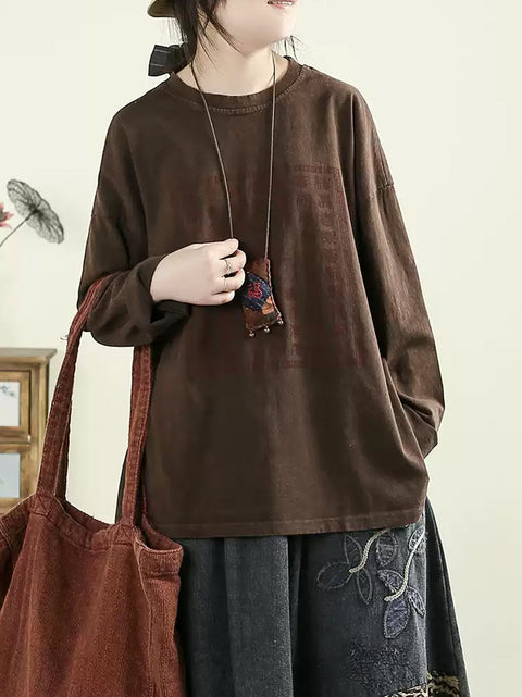 Women Spring Vintage Print O-Neck Shirt