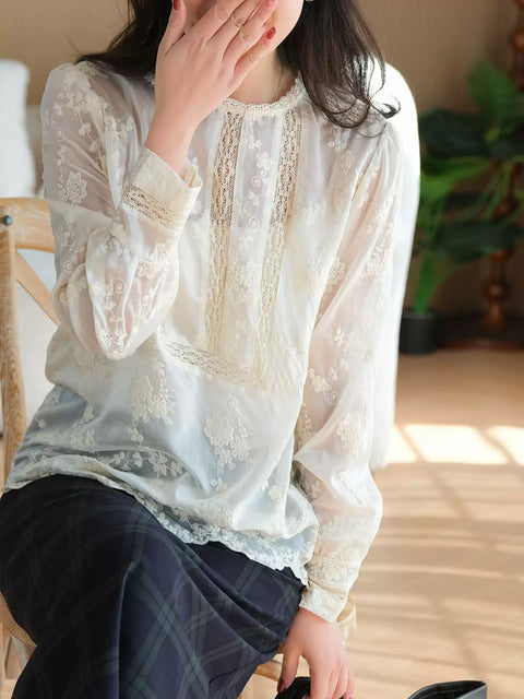 Women Artsy Pure Color Lace Collar Embroidery Shirt