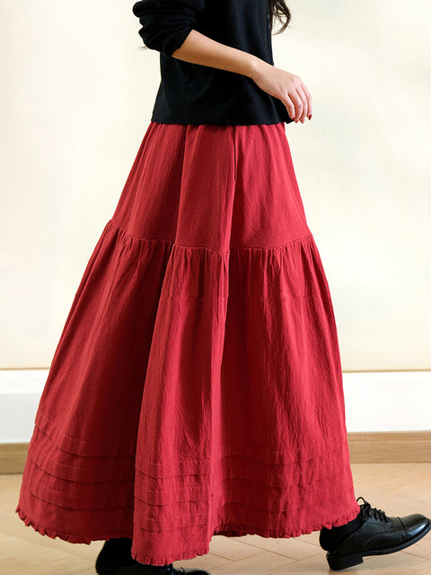 Women Spring Pure Color 100%Cotton Lace Hem Skirt