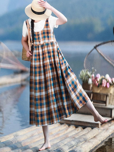 Women Spring Artsy Plaid 100%Linen Vest Dress