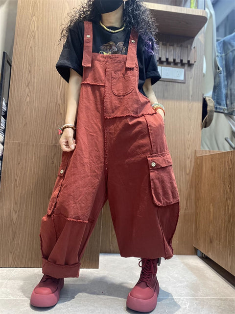 Women Spring Artsy Cotton Raw-edge Loose Jumpsuits