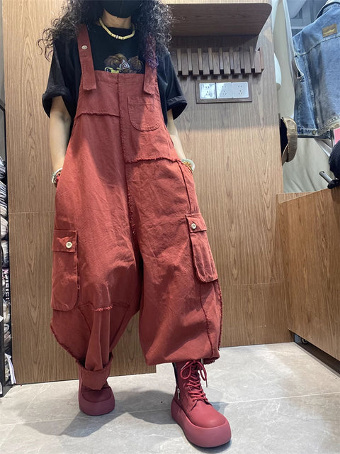 Women Spring Artsy Cotton Raw-edge Loose Jumpsuits