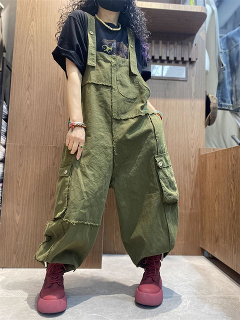 Women Spring Artsy Cotton Raw-edge Loose Jumpsuits